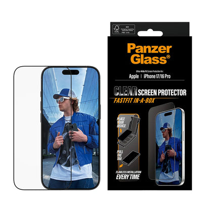 Folie de protectie Ecran PanzerGlass Ultra-Wide Fit Fastfit pentru Apple iPhone 17 / 16 Pro, Sticla Securizata, Full Glue, Neagra
