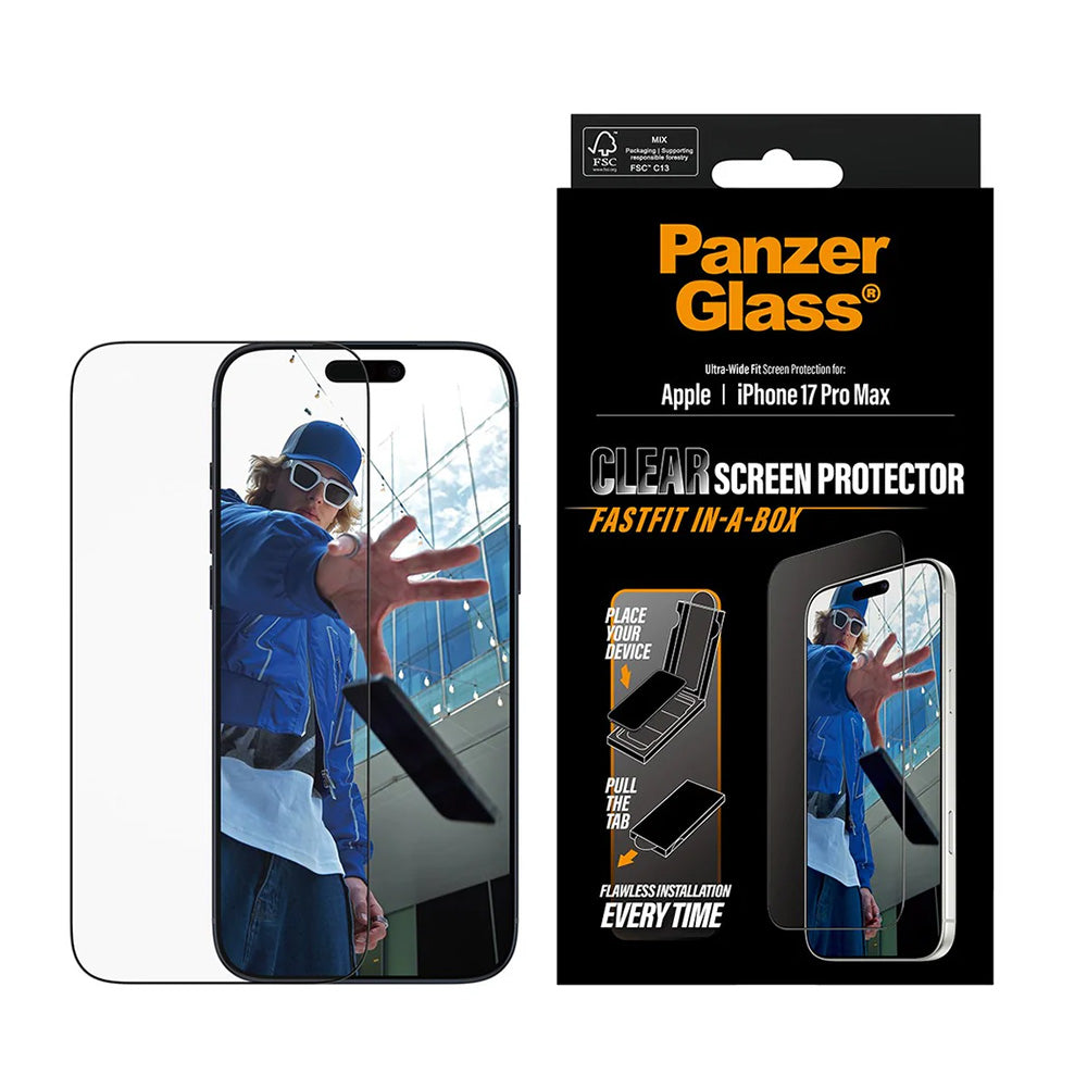 Folie de protectie Ecran PanzerGlass Ultra-Wide Fit Fastfit pentru Apple iPhone 17 Pro Max, Sticla Securizata, Full Glue, Neagra