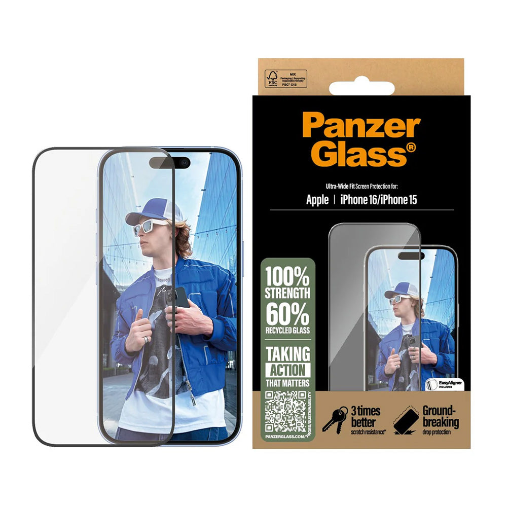 Folie de protectie Ecran PanzerGlass Ultra-Wide Fit pentru Apple iPhone 16 / 15, Sticla Securizata, Full Glue, Neagra