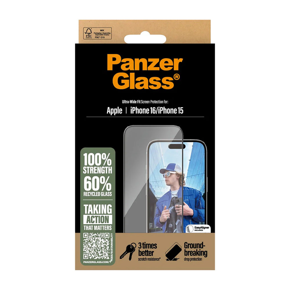 Folie de protectie Ecran PanzerGlass Ultra-Wide Fit pentru Apple iPhone 16 / 15, Sticla Securizata, Full Glue, Neagra