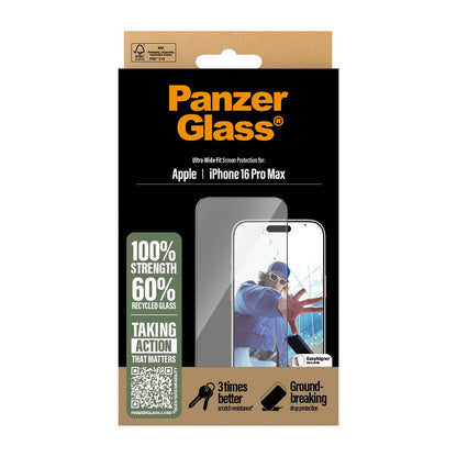 Folie de protectie Ecran PanzerGlass Ultra-Wide Fit pentru Apple iPhone 16 Pro Max, Sticla Securizata, Full Glue, Neagra