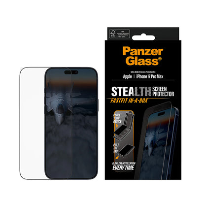 Folie de protectie Ecran PanzerGlass Ultra-Wide Fit Stealth Fastfit pentru Apple iPhone 17 Pro Max, Sticla Securizata, Full Glue, Neagra