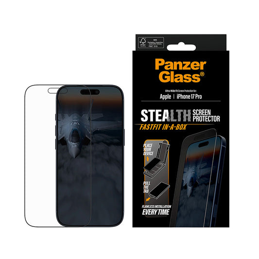 Folie de protectie Ecran PanzerGlass Ultra-Wide Fit Stealth Fastfit pentru Apple iPhone 17 Pro, Sticla Securizata, Full Glue, Neagra
