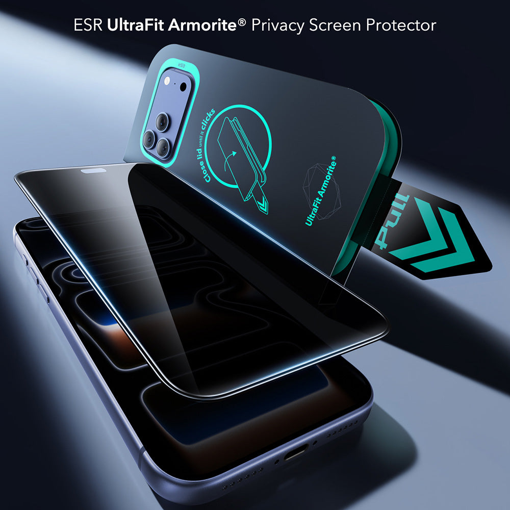 Folie de protectie Ecran Privacy ESR Armorite UltraFit pentru Apple iPhone 18 Pro, Sticla Securizata, Full Glue, Set 2 bucati