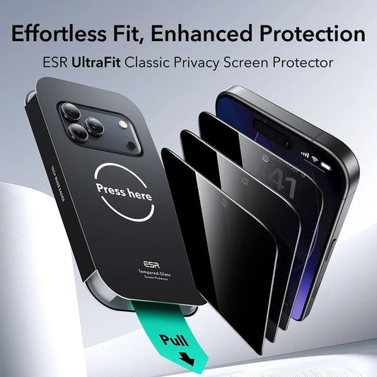 Folie de protectie Ecran Privacy ESR UltraFit pentru Apple iPhone 17 Pro, Sticla Securizata, Full Glue, Set 3 bucati