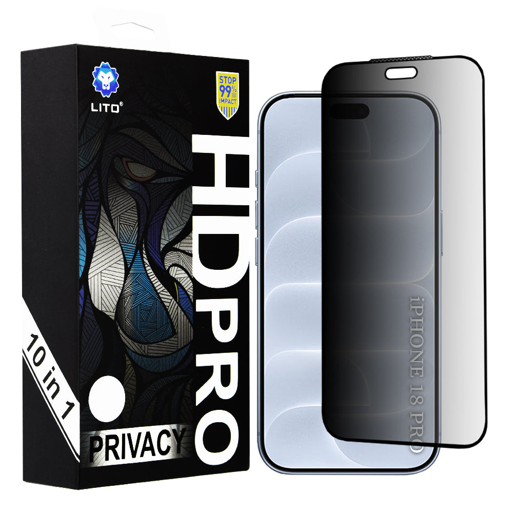 Folie de protectie Ecran Privacy Lito HD Pro pentru Apple iPhone 18 Pro, Sticla Securizata, Full Glue, Set 10 bucati