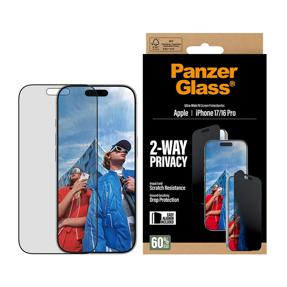 Folie de protectie Ecran Privacy PanzerGlass Ultra-Wide Fit 2-Way EasyAligner pentru Apple iPhone 17 / 16 Pro, Sticla Securizata, Full Glue