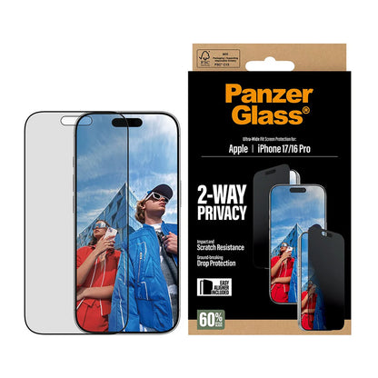 Folie de protectie Ecran Privacy PanzerGlass Ultra-Wide Fit 2-Way EasyAligner pentru Apple iPhone 17 / 16 Pro, Sticla Securizata, Full Glue