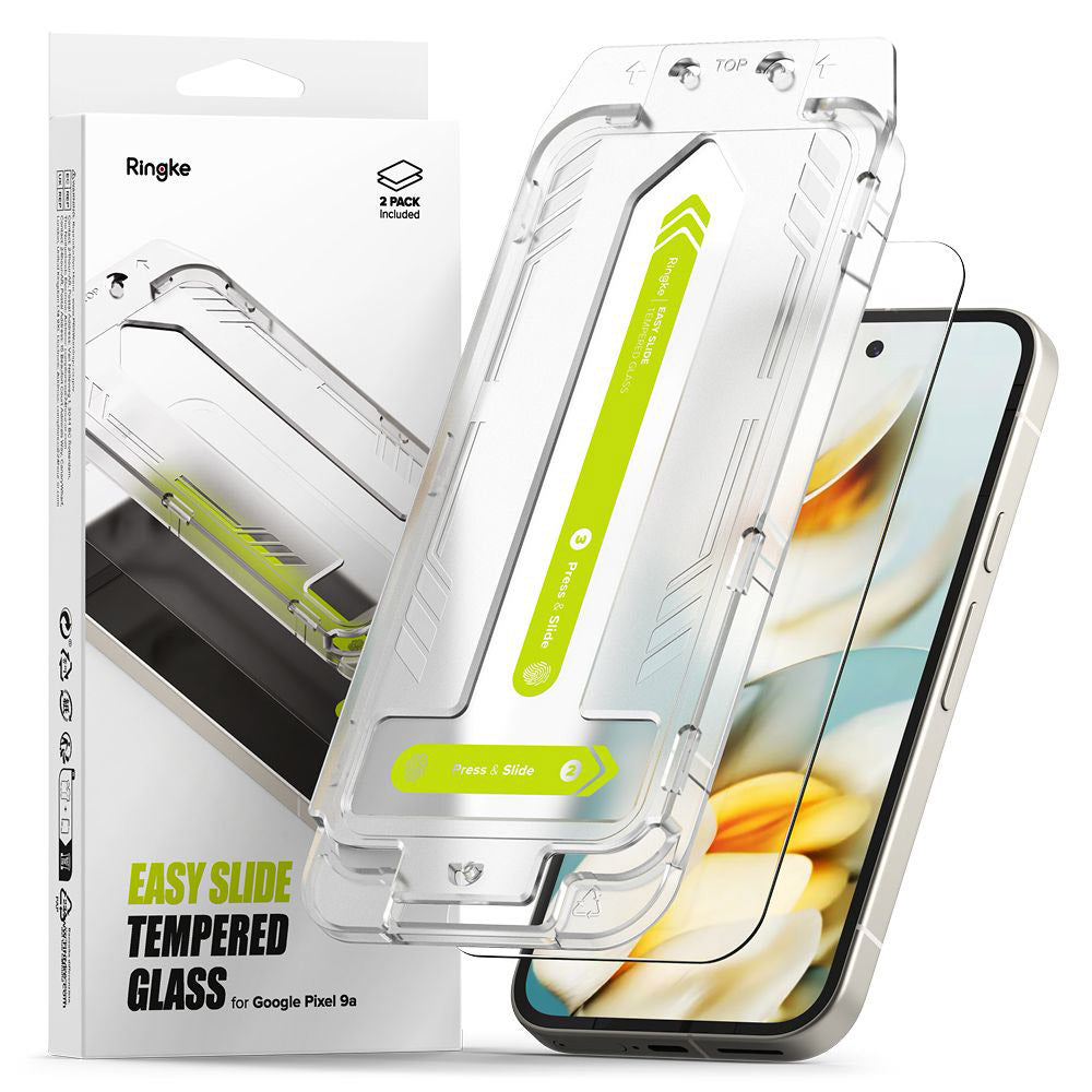 Folie de protectie Ecran Ringke Easy Slide pentru Google Pixel 9a, Sticla Securizata, Full Glue, Set 2 bucati