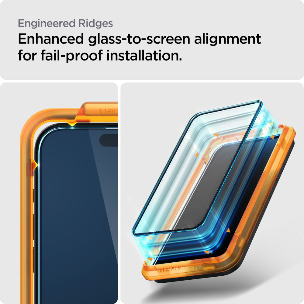 Folie de protectie Ecran Spigen GlastR Align Master pentru Apple iPhone 15 Plus, Sticla Securizata, Full Glue, Set 2 bucati, Neagra AGL06886