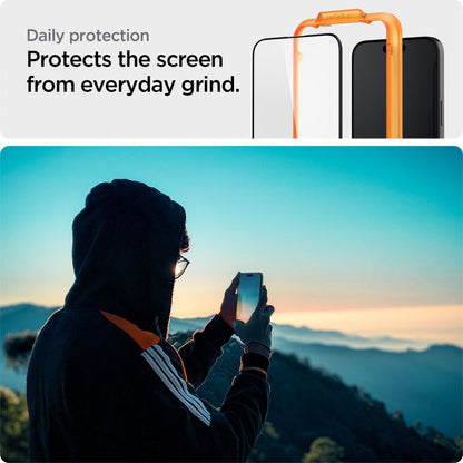 Folie de protectie Ecran Spigen GlastR Align Master pentru Apple iPhone 15 Plus, Sticla Securizata, Full Glue, Set 2 bucati, Neagra AGL06886
