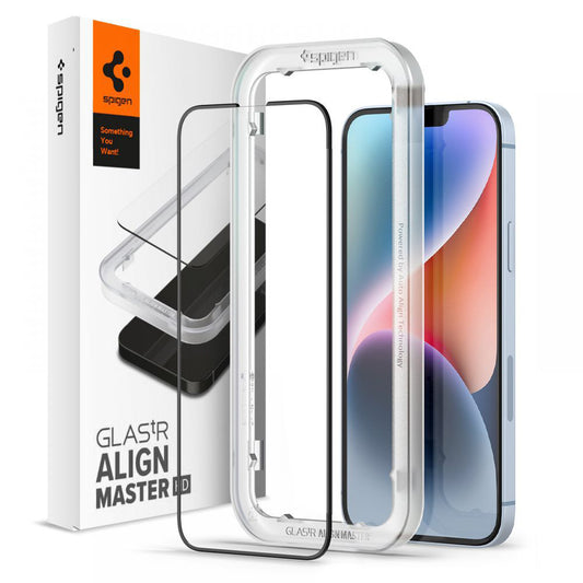 Folie de protectie Ecran Spigen GlastR Align Master pentru Apple iPhone 17e / 16e / 14 / 13 Pro, Sticla Securizata, Full Glue, Neagra AGL03725