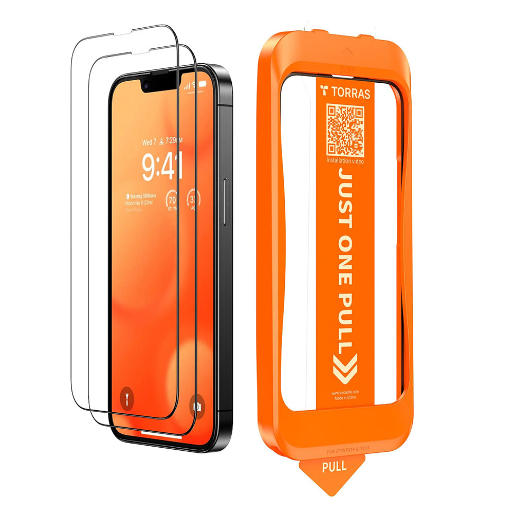 Folie de protectie Ecran Torras GlassGo Install Master pentru Apple iPhone 17e / 16e / 14 / 13 Pro, Sticla Securizata, Full Glue, Set 2 bucati