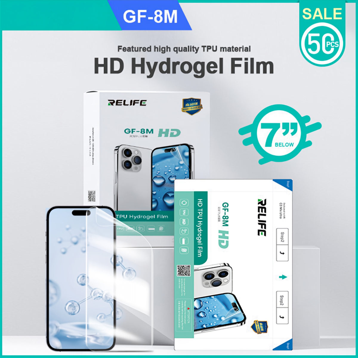 Folie Hidrogel / TPU Relife GF-8M pentru Aparat Laminare UV Vid Sunshine C3 Mix Ultra, 120mm x 210mm, Set 50 bucati