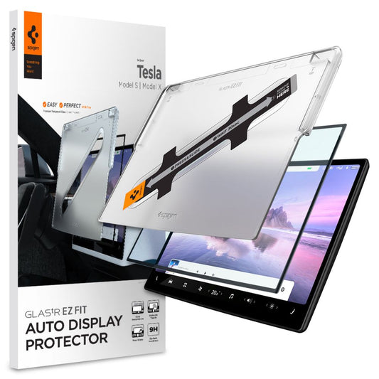 Folie Protectie Spigen GlastR EZ FIT pentru Navigatie Tesla X / S (2022 - 2021), Sticla Securizata, Neagra AGL04688