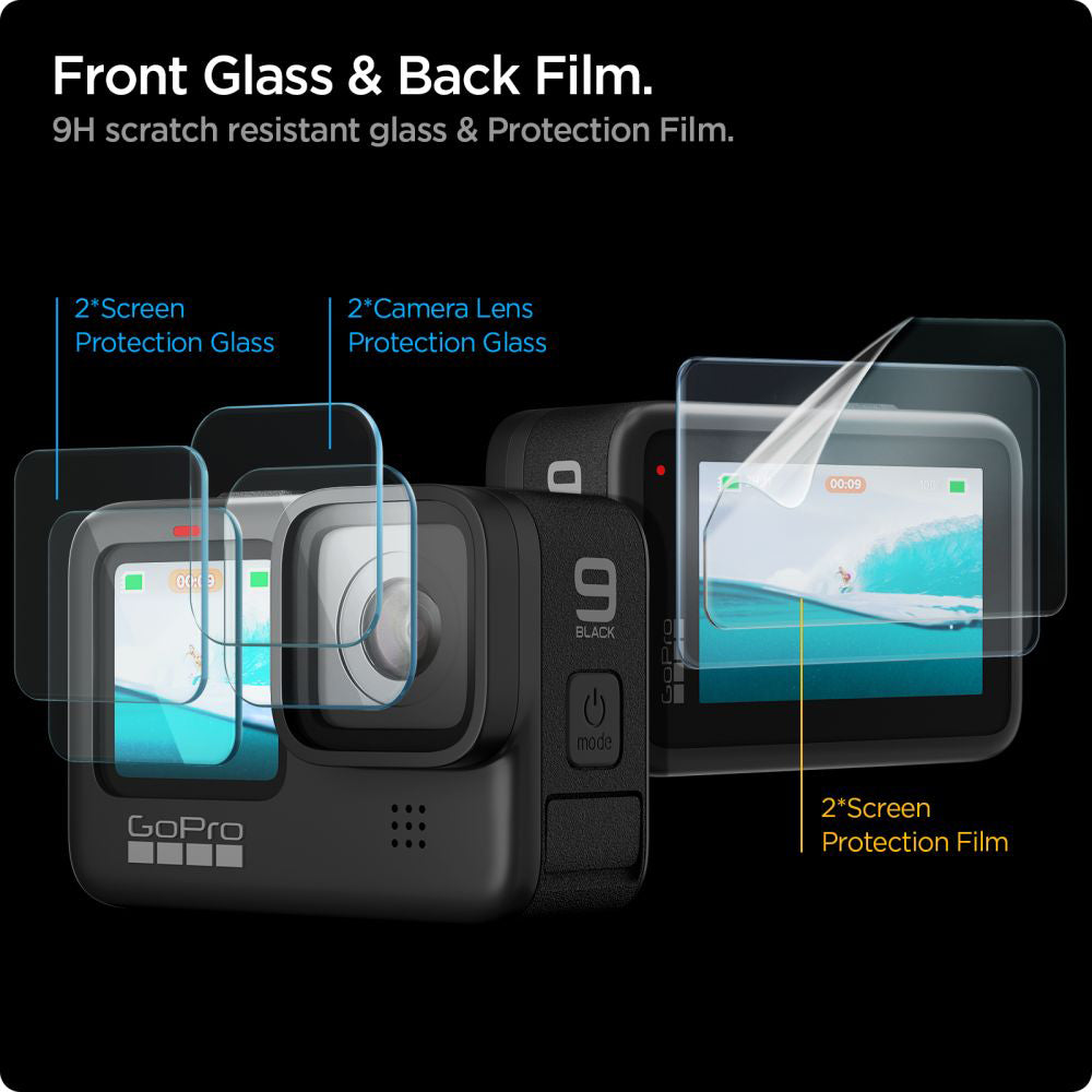 Folie Protectie Ecran si Lentila Spigen GlastR Slim pentru GoPro Hero 12 / 9 / 10 / 11, Sticla Securizata, Set 6 bucati AGL03045