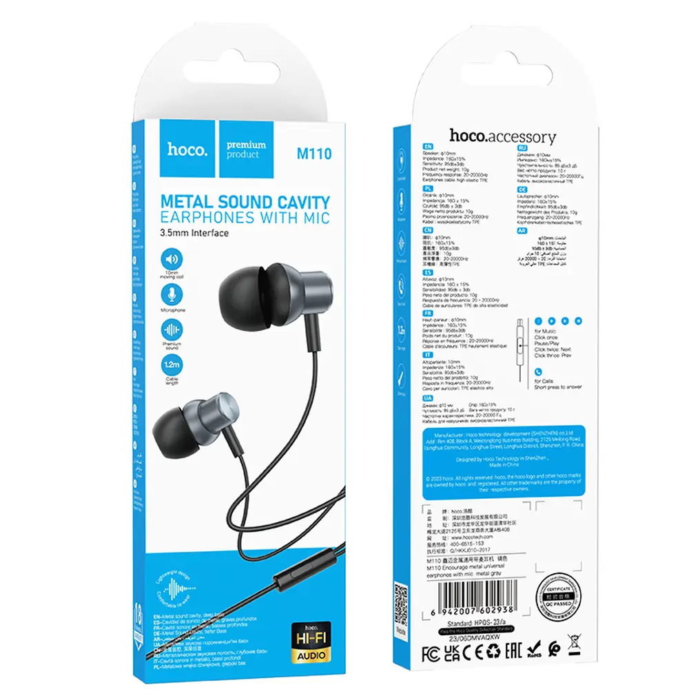 Handsfree 3.5mm HOCO M110, Gri