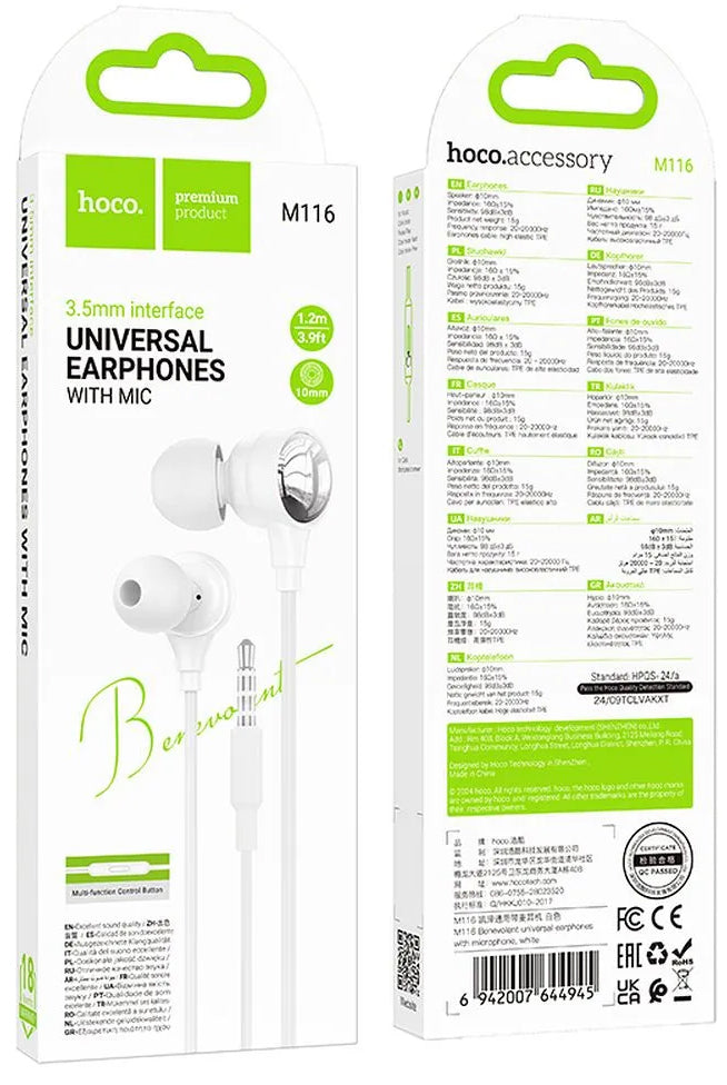 Handsfree 3.5mm HOCO M116, Alb