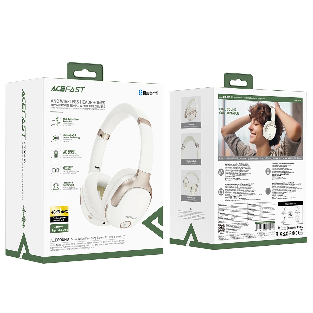 Handsfree Bluetooth Acefast H2, A2DP, ANC, Crem