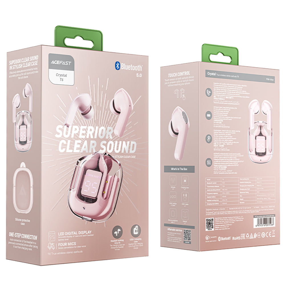 Handsfree Bluetooth Acefast T6, TWS, Roz