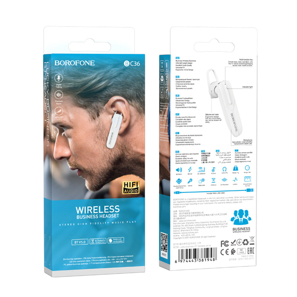 Handsfree Bluetooth Borofone BC36 Lucky, A2DP, Alb