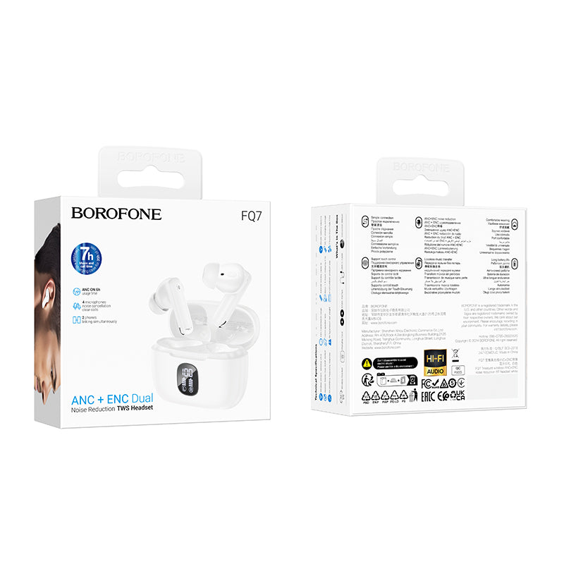 Handsfree Bluetooth Borofone FQ7 Treasure, TWS, ANC, MultiPoint, Alb