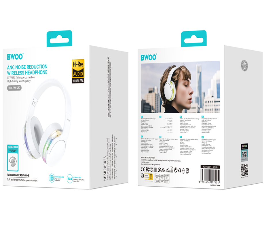 Handsfree Bluetooth BWOO BO-BW587, A2DP, ANC, Alb