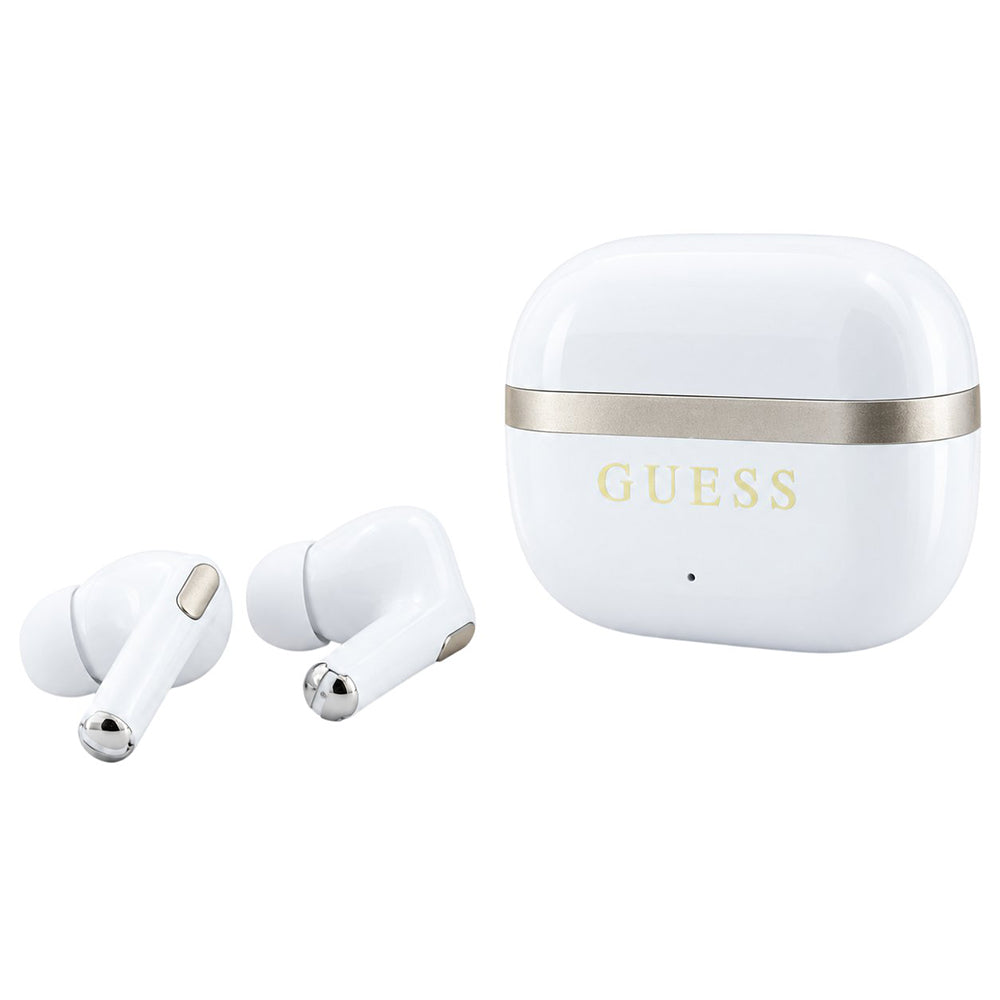 Handsfree Bluetooth Guess Glossy Gold Line Printed Classic Logo, TWS, Alb