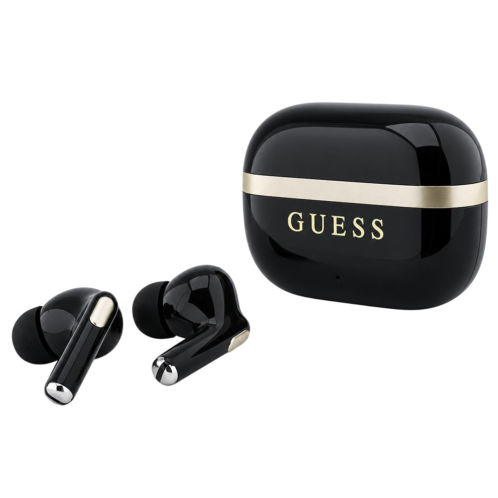Handsfree Bluetooth Guess Glossy Gold Line Printed Classic Logo, TWS, Negru