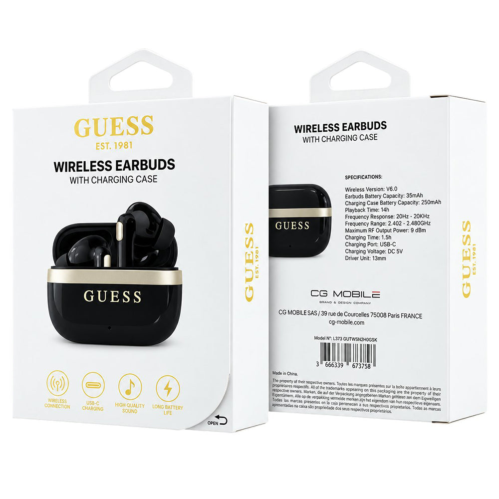 Handsfree Bluetooth Guess Glossy Gold Line Printed Classic Logo, TWS, Negru