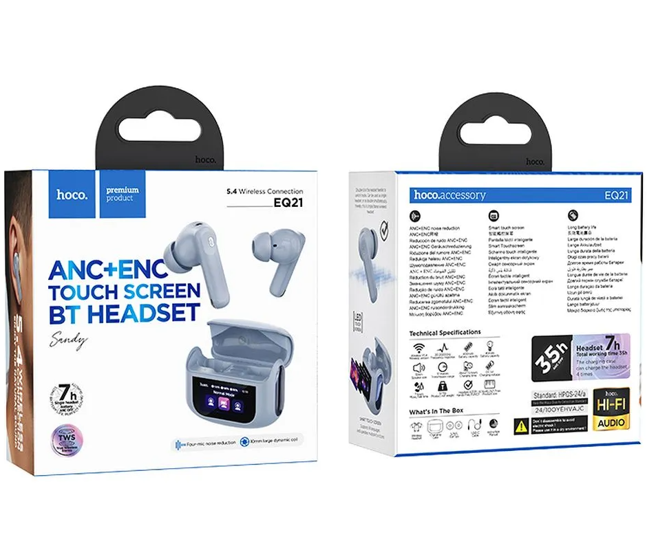 Handsfree Bluetooth HOCO EQ21, TWS, ANC, Albastru