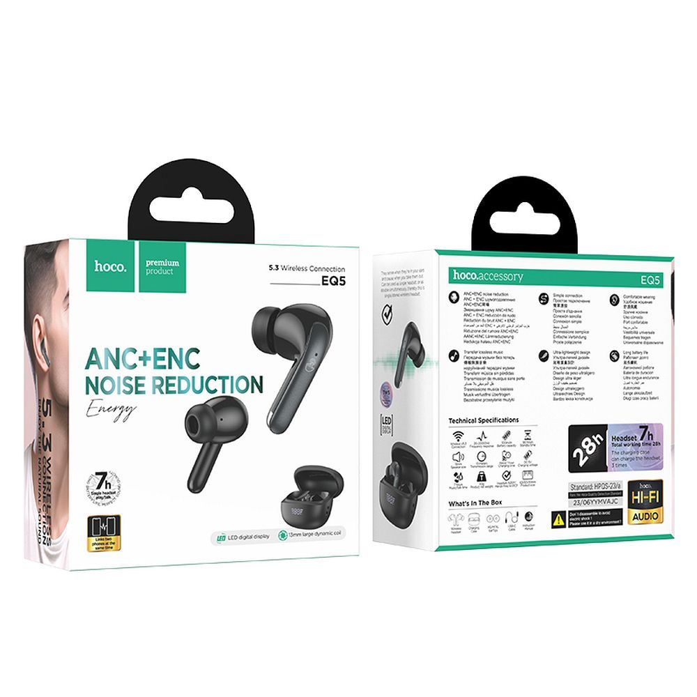 Handsfree Bluetooth HOCO EQ5, TWS, ANC, Negru