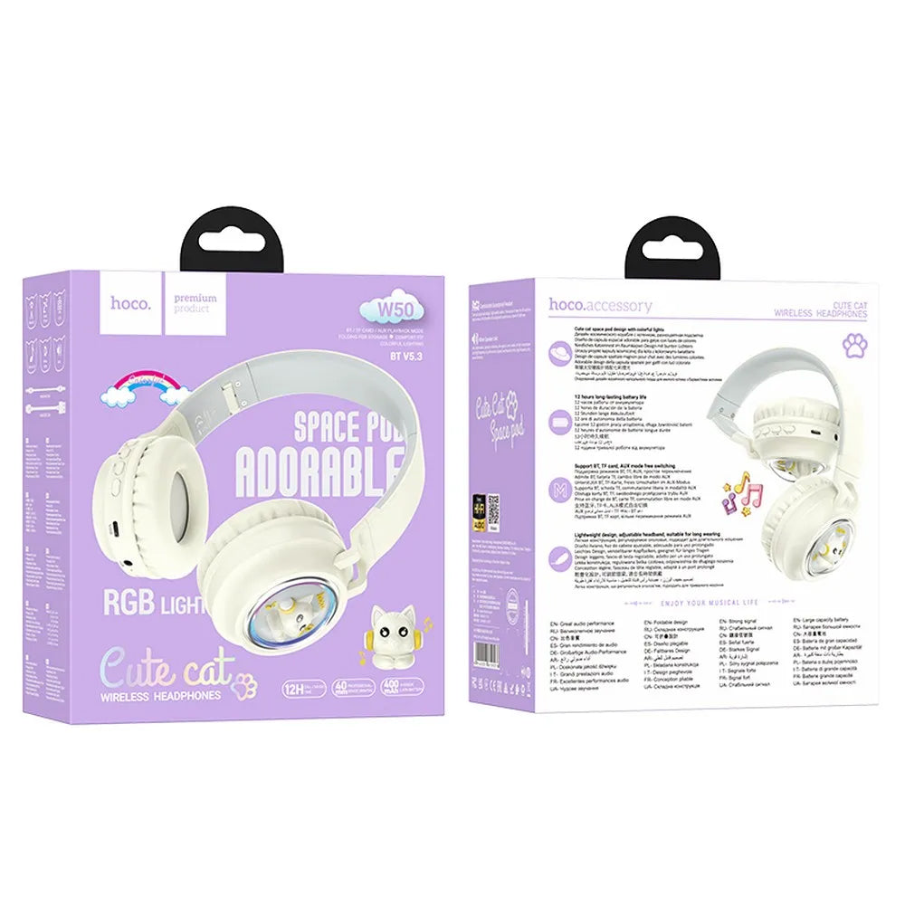 Handsfree Bluetooth HOCO W50 Kids Cute Cat, A2DP, Alb