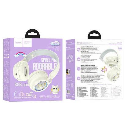 Handsfree Bluetooth HOCO W50 Kids Cute Cat, A2DP, Alb