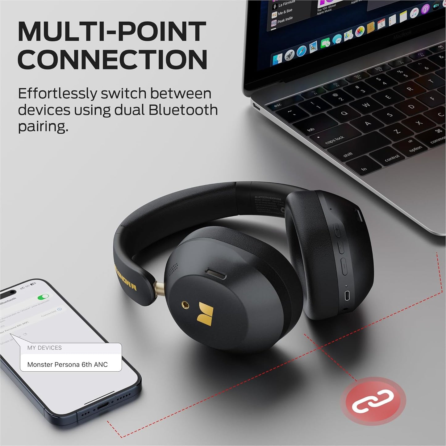 Handsfree Bluetooth Monster Persona 6th, MultiPoint, A2DP, ANC, Negru