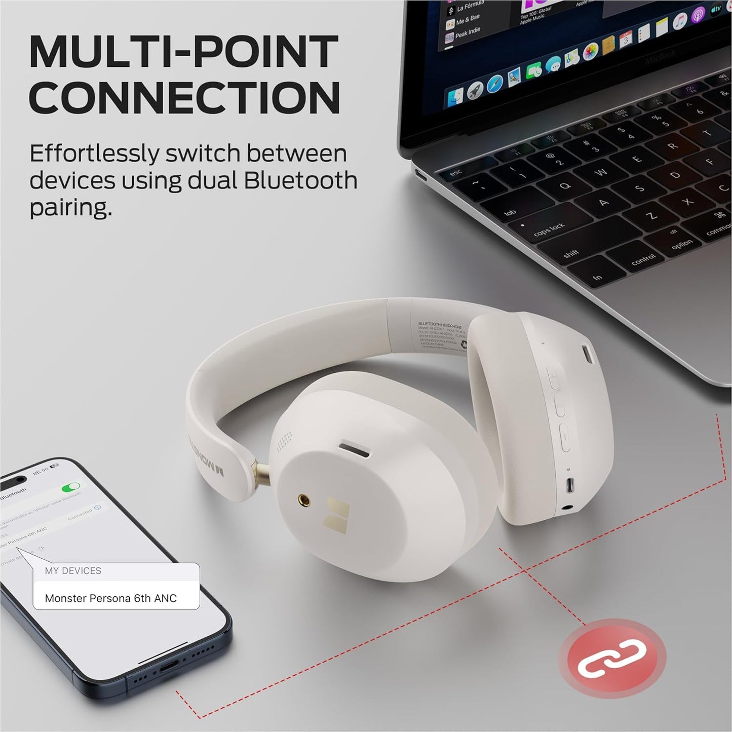 Handsfree Bluetooth Monster Persona 6th, MultiPoint, A2DP, ANC, Alb