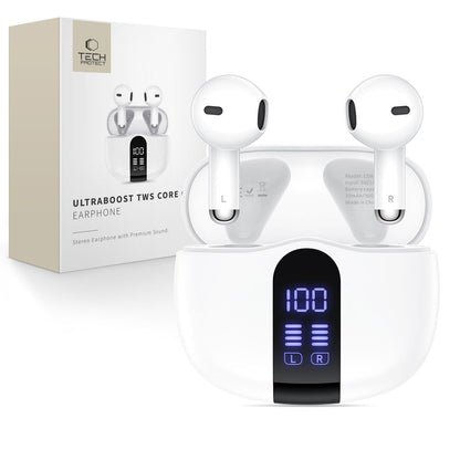 Handsfree Bluetooth Tech-Protect Ultraboost Core G2, TWS, Alb