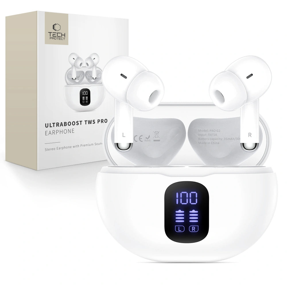 Handsfree Bluetooth Tech-Protect Ultraboost Pro G2, TWS, Alb