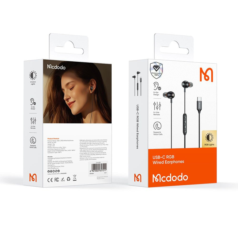 Handsfree USB-C McDodo HP-5830, 1.2m, Negru