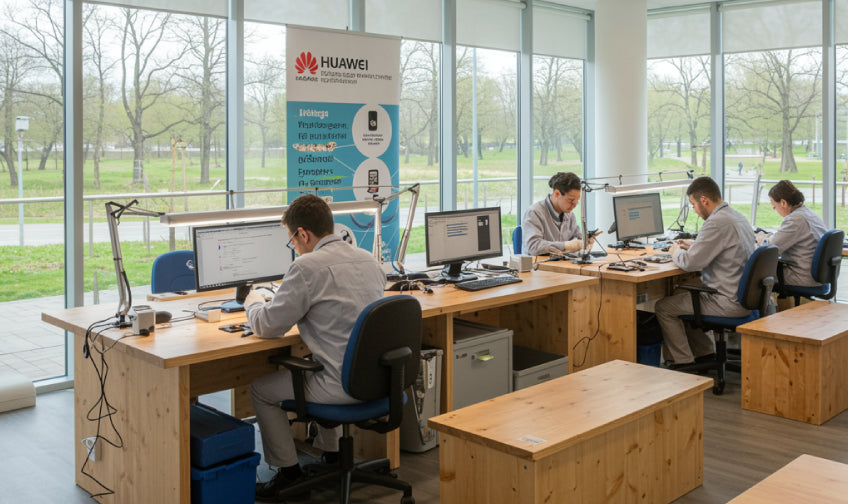 Spațiu de reparații Huawei cu un mesaj ecologic