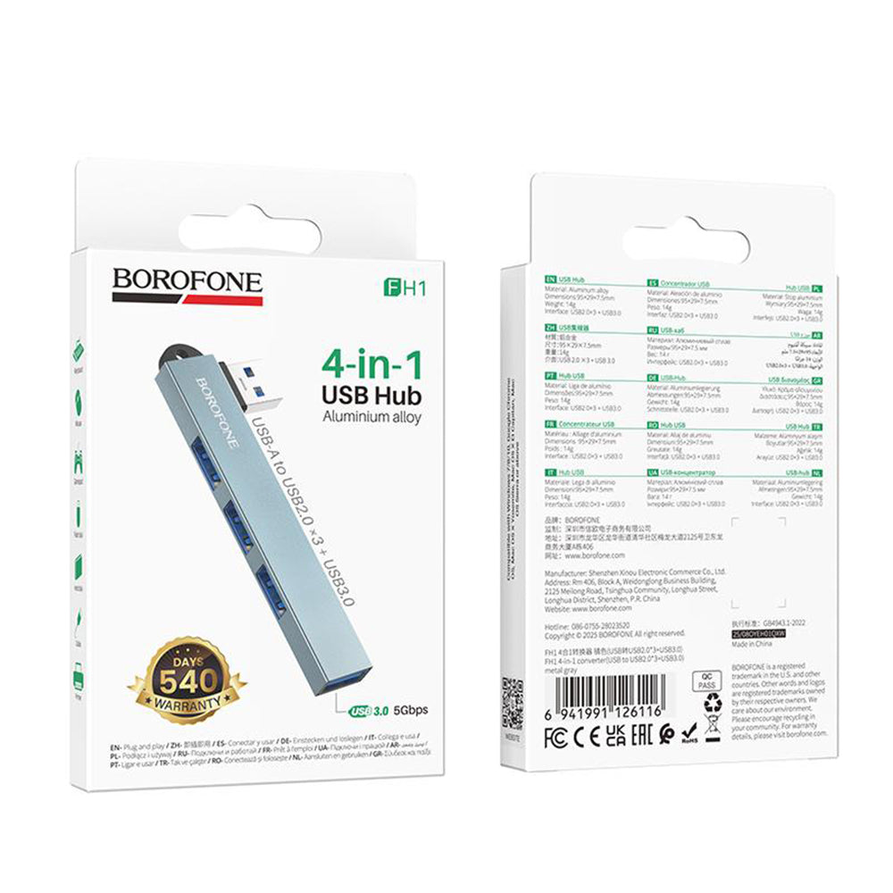Hub USB Borofone FH1, 4in1, Gri