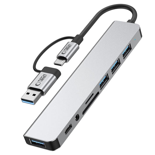 Hub USB / USB-C Tech-Protect HB06, 2 x USB-A 3.0 - 2 x USB-A - 1 x USB-C - 1 x Jack 3.5mm - 1 x SD - 1 x microSD, Gri