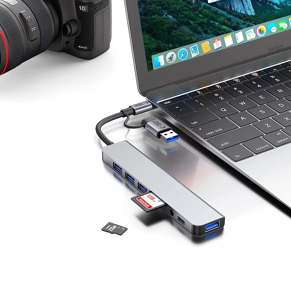 Hub USB / USB-C Tech-Protect HB06, 2 x USB-A 3.0 - 2 x USB-A - 1 x USB-C - 1 x Jack 3.5mm - 1 x SD - 1 x microSD, Gri