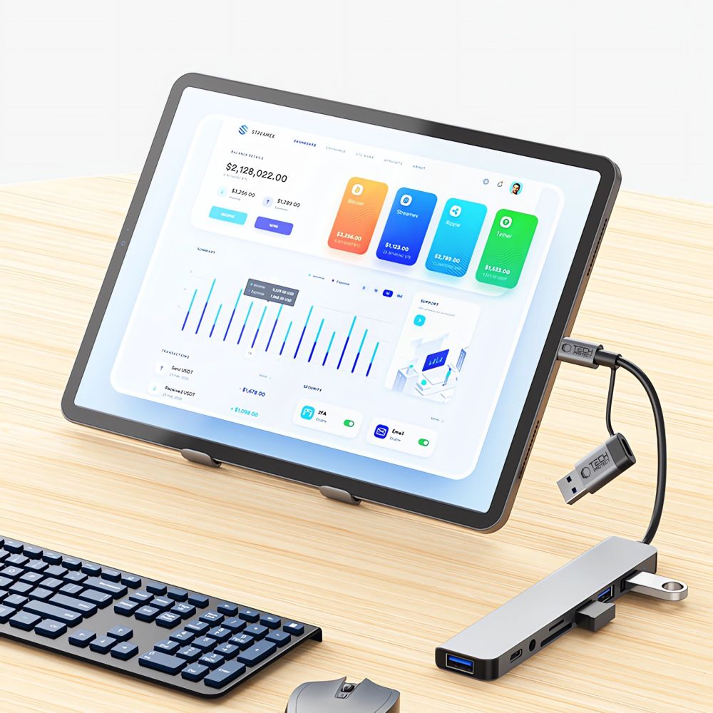 Hub USB / USB-C Tech-Protect HB06, 2 x USB-A 3.0 - 2 x USB-A - 1 x USB-C - 1 x Jack 3.5mm - 1 x SD - 1 x microSD, Gri