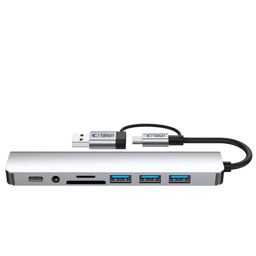 Hub USB / USB-C Tech-Protect HB06, 2 x USB-A 3.0 - 2 x USB-A - 1 x USB-C - 1 x Jack 3.5mm - 1 x SD - 1 x microSD, Gri