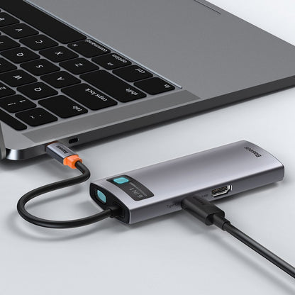 Hub USB-C Baseus Metal Gleam, 3 x USB-A 3.0 - 1 x USB-C - 1 x HDMI - 1 x RJ45, Gri CAHUB-CW0G