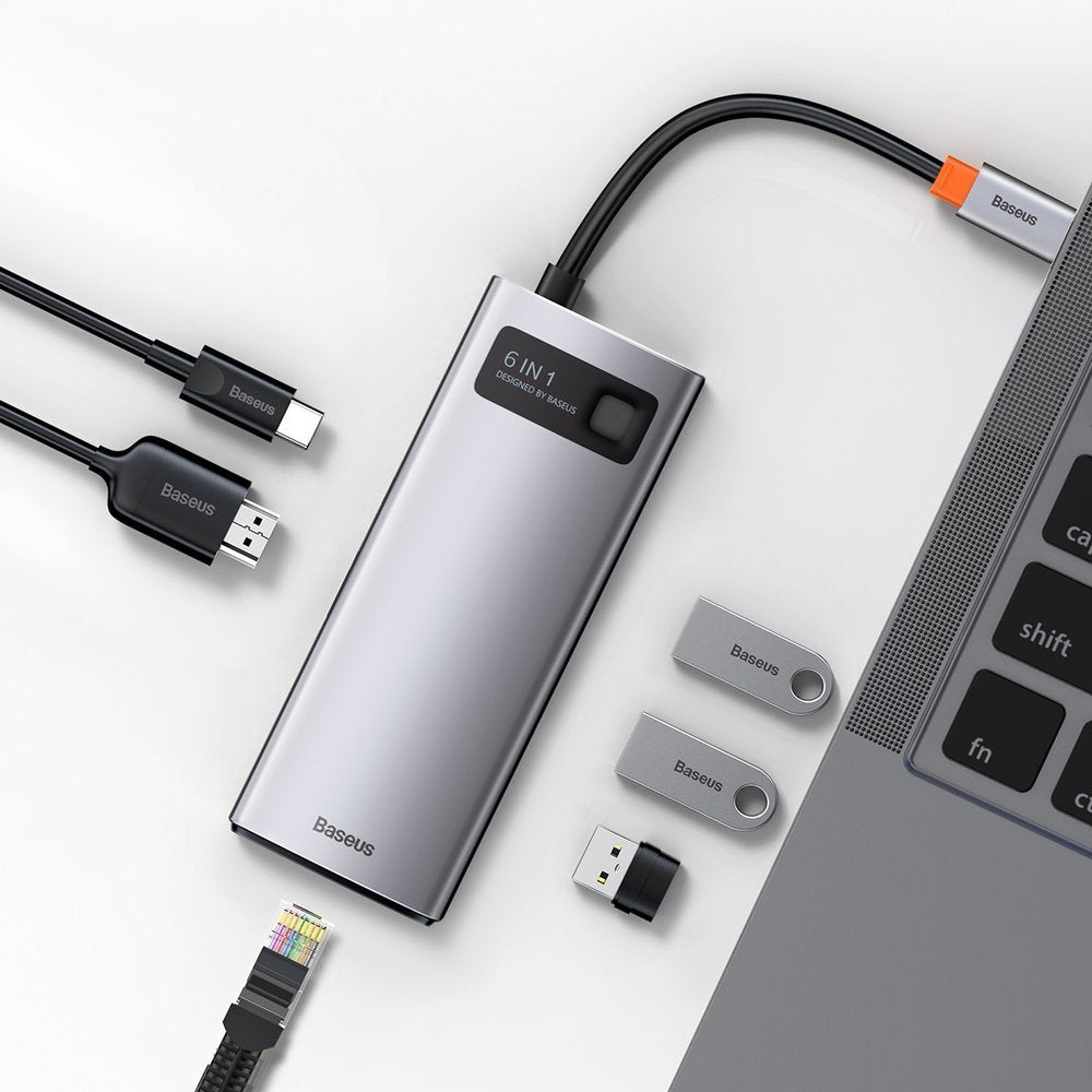 Hub USB-C Baseus Metal Gleam, 3 x USB-A 3.0 - 1 x USB-C - 1 x HDMI - 1 x RJ45, Gri CAHUB-CW0G