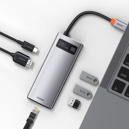 Hub USB-C Baseus Metal Gleam, 3 x USB-A 3.0 - 1 x USB-C - 1 x HDMI - 1 x RJ45, Gri CAHUB-CW0G