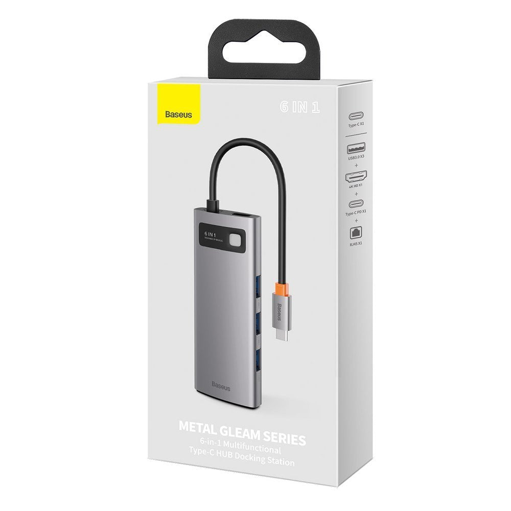 Hub USB-C Baseus Metal Gleam, 3 x USB-A 3.0 - 1 x USB-C - 1 x HDMI - 1 x RJ45, Gri CAHUB-CW0G