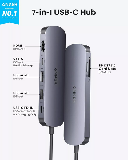 Hub USB-C Anker, 2 x USB-A 3.0 - 2 x USB-C - 1 x HDMI - 1 x SD - 1 x microSD, Gri A83D2HA1